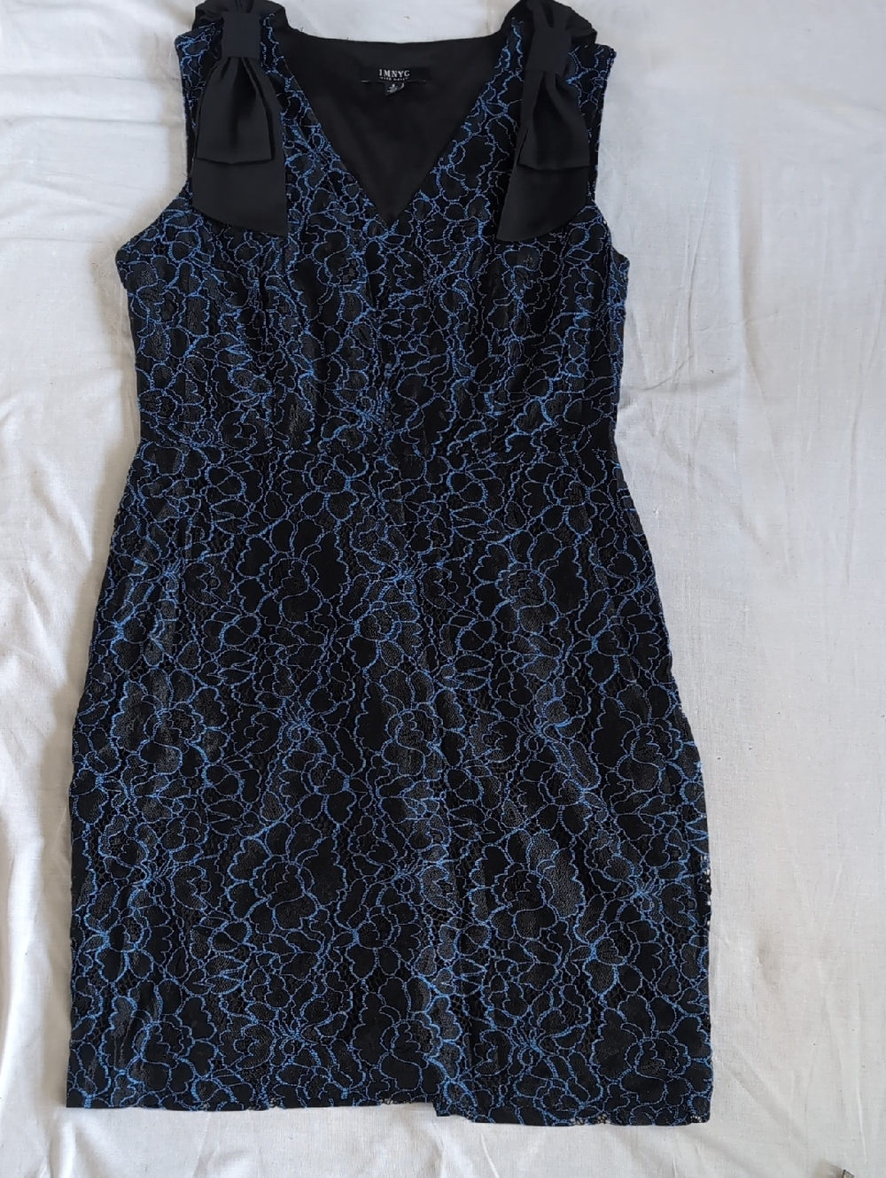 Sleeveless Black Dress with Blue Lace Overlay